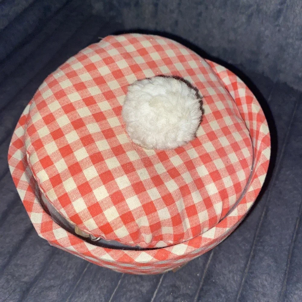 Vintage Sewing Basket Wood w/Fabric‎ & Pom Pom + Plastic Tray w/thread Inside